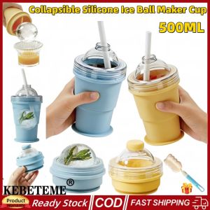 KEBETEME Portable Foldable Ice Ball Maker Cup With Straw & Lid Food-Grade Silicone Ice Maker Mold Summer Outdoor Travel Tumbler