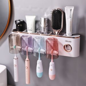 Giá Để Đồ Đặt Bàn Chải Đánh Răng Cốc Súc Miệng Hộp Bàn Chải Đánh Răng Nhà Vệ Sinh Dạng Treo Tường Không Cần Đục Lỗ Treo Tường Dụng Cụ Thần Thánh Tự Động Lấy Kem Đánh Răng
