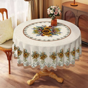 Faux Embroidery PVC Round Tablecloth Classic Ethnic Waterproof Grease Resistant Scratch Shield Easy Wipe Durable For Home Dining Celebration Tables Tablecloth