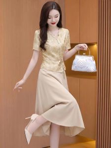 MAIMEI | New Chinese Style Fake Two-Piece V-Neck Dress Slimming
