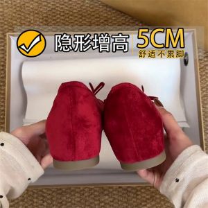 French Style Mary Janes Womens Shoes 5cm Heightening Slip-On round Toe Soft Leather Red Color Daily Wear Comfortable Fashion