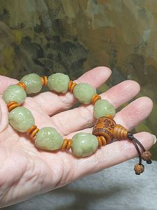 Rare 15mm Premium greenish yellowish Nephrite hand carved bas-relief 3 dimensional Pi Xiu bracelet/handheld (with certificate) [Natural Crystal]