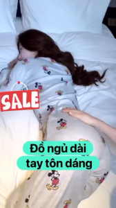 Bộ ngủ nữ bộ mặc nhà dài tay thun tăm họa tiết mickey cho nữ phong cách Hàn Quốc thu đông Pj11