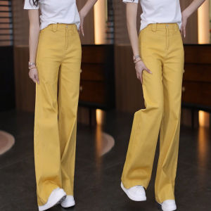 Yellow Cotton Denim High Waist Straight Leg Womens Pants Spring New Style Fashion Casual Narrow Version Korean Style