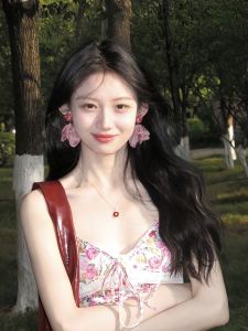 Pink Sweet Heart Shaped Petal Chiffon Earrings Photography Ear Jewelry for round Face Fairy Tale Vacation Style Fashionable Accessories