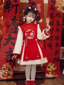 New 2025 Winter Childrens Clothing Red New Years Outfit Fleece Lined Hanfu Style Girls Set Traditional Chinese New Year Dress