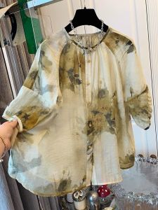 New Chinese Style Watercolor Print Silk Short Sleeve Shirt Women Summer Lightweight Breathable Doll Top Casual Loose Fit