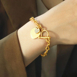 Frascati Gold Plating Big Heart Metal Charm Bracelet With Crystal Stone Korean Chain Love Pendant Women Bracelet Jewelry