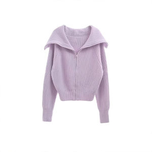 Soft Purple Knitted Open Cardigan Womens Autumn Winter Zipper Jacket Sweet Style Thick Warm Long Sleeve Hooded Sweater