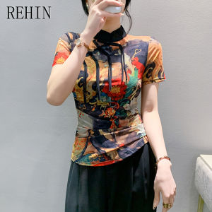 REHIN Plate buckle stand-up collar short sleeve T-shirt pattern print Bottom shirt retro design elegant tops