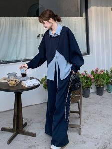 Casual Style Two-Piece Set Womens Sweatshirt Wide Leg Pants Autumn Fashion Korean Leisure Complete Outfit Patchwork Design