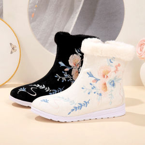 รองเท้าบูทผู้หญิงพื้นแบนสไตล์ใหม่ฤดูใบไม้ร่วง/ฤดูหนาว รองเท้าผ้าปักสไตล์จีนโบราณ รองเท้าบูทหัวมนแบบลำลอง