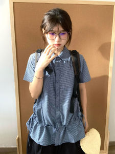 Áo Sơ Mi Nữ Tay Ngắn Kẻ Caro Mùa Hè Có Dây Rút Thắt Eo Viền Rộng Rãi Phong Cách Đại Học Áo Khoác Ngoài Thường Ngày