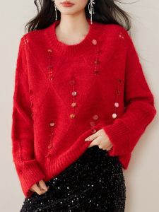Red Cashmere Wool Knit Sweater New Year Style Loose Fit Glittering Knitted Womens Fashion Autumn Winter Brand Li Bai Ge Di Xin