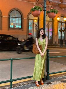 Green Floral Print Silk Satin Halter Dress Womens Backless Long Dress Spring Summer Vintage Style High Waist A-Line Skirt
