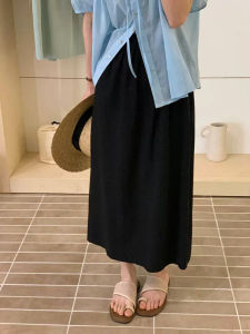 Summer Thin Cotton Linen High Waist A-Line Split Straight Long Skirt Korean Style Commute Elastic Waist Pure Color Half-length Skirt