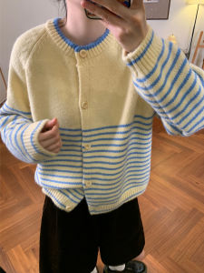 Korean Style Soft Thickened Stripe Knitted Open Cardigan Womens Loose Slimming Autumn Winter New Arrival Fashionable Sweater Jacket