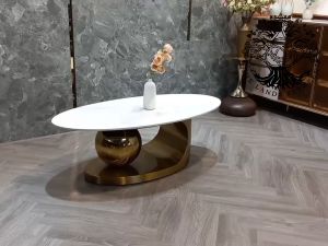 (Mới) Bàn trà sofa bàn phòng khách bàn cafe nội thất nhập khẩu mẫu bàn đá mặt Elip ceramic chân Inox cao cấp bi tròn