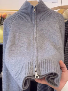 Elegant French Design Double Zipper Turtleneck Knitted Cardigan