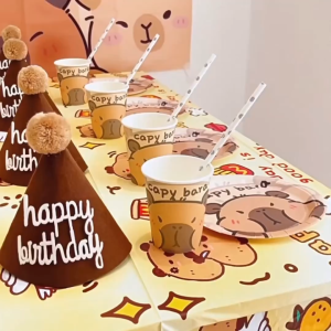 (READY STOCK) 10pcs Capybara Theme Birthday Hat Decoration Paper Cups Plates Disposable Tablecloth Kids Party 卡皮巴拉生日派对气球