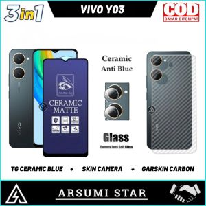 Paket 3in1 Tempered Glass Privacy VIVO Y03 Pelindung Layar Anti Gores Ceramic Spy Full Layar Screen Protector Anti Pecah Anti Intip + Skin Camera + Garskin Carbon 3D