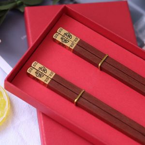 Chinese Style Metal Copper Chopsticks Square Head Double Happiness Red Sandalwood Chicken Wing Wood Chopsticks Black Sandalwood Hotel Home Use Gifts Tableware