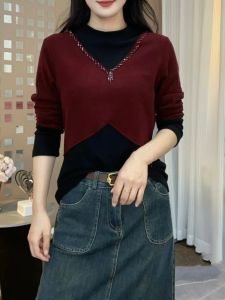 Womens Half Turtleneck False Two-Piece Patchwork Casual Warm and Slimming Bottoming Shirt 2024 Autumn New Arrival Long Sleeves T-Shirt Tops