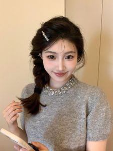 Summer Style Miu Tie Drill Knit Sweater Short Sleeve Womens Loose Cashmere Casual Top Versatile Short Length round Neck T-Shirt