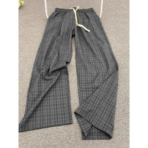 Quần Ống Đứng Kẻ Caro Màu Xám Rộng Rãi Cho Nam Phong Cách Retro Mỹ Quần Dài Thường Ngày Thoáng Khí Cạp Vừa Mùa Hè