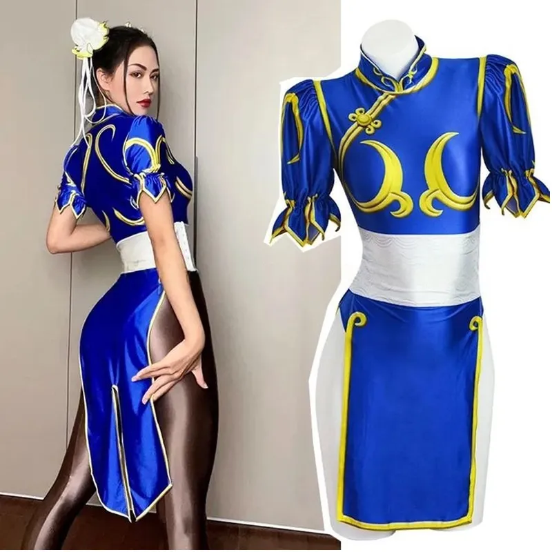 Women Chun-Li Costume- Sexy High Slit Red Cheongsam Dress And Top With Thong Bracelets 255937p