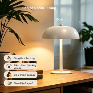 Đèn Bàn Hình Nấm Không Dây 3 Màu Điều Khiển Cảm Ứng Đèn Ngủ LED Có Thể Điều Chỉnh Độ Sáng Sạc Type C Dành Cho Phòng Ngủ Phòng Khách Khách Sạn Trang Trí