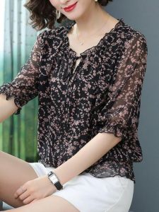 เสื้อยืดผู้หญิงแขนสั้นผ้าชีฟองลายดอกไม้ ทรงหลวม ปกโปโล คอกลม แขนยาว ทรงหลวม แขนสั้น เสื้อผ้าทำงาน ฤดูร้อน 2023