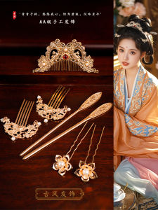 Tang Song Ming Dynasty Plated Hairpin Comb Hair Crown Tassel Hairpin Jewelry Set Court Retro Earrings U Hairpin Accessories
