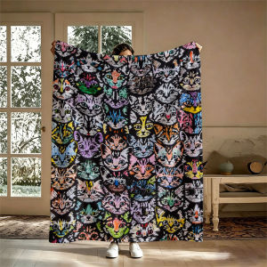 BILIBILI | Colorful Cat Head Collage Flannel Blanket Perfect for Sofa Office Bed Travel Sleep Read Relax Camping Four Season Use