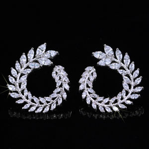 SEQUITO Women Summer Style Jewelry Silver Color Pave Setting Shiny AAA Marquise Cut Cubic Zirconia Leaves Shape Engagement Party Big Stud Earrings SE716
