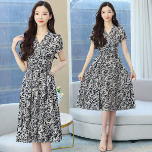 Impression Fashion Store Women Summer Chiffon V-neck Short Sleeve Floral High Waist Loose Cutting A-line Midi Dress