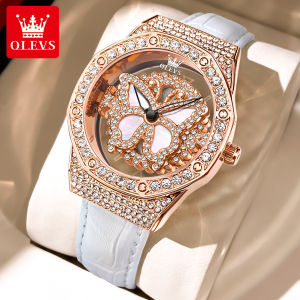 OLEVS berlian jam tangan wanita terbaru 2024 korea elegan simple Pola bunga matahari/kupu-kupu dapat diputar jam tangan cewek aesthetic tali kulit