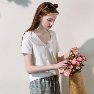 Miccbeirn | Combed Pure Cotton Knitted Short Sleeve T-Shirt Top Basic Style Breathable Comfortable Simple Solid Color Large U-Neck Inner Wear