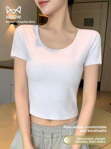 Miiow | Low Neck Short Sleeve T-Shirt Women Summer Thin Regular Shoulder Casual Slim Fit Base Layer Versatile Round Neck Short Length