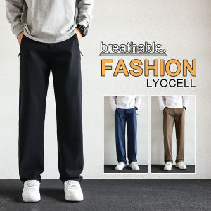 Mens Straight-Leg Tencel Lyocell Pants Autumn Winter Loose Fit Casual Elastic Waistband Zipper Pockets Long Length Sizes28-38