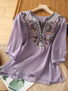 Ethnic Embroidered Loose Womens Shirt Half Sleeve Cotton Linen Slimming Summer New Style Vintage Loose Fit Belly Covering Top