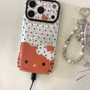 Sanrio | Black Polka Dot Hello Kitty Phone Case With Lanyard Shockproof Large Window Lens Protective Cover For iPhone 17 16 15 17 Pro Max