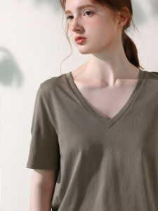 Miccbeirn | Silk Long Staple Cotton Serene Knitted T-Shirt Short Sleeve Classic Versatile Solid Color V-Neck Slimming Casual Thin Breathable
