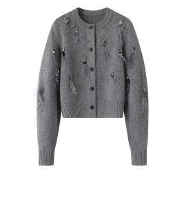 เสื้อสเวตเตอร์ขนนกสไตล์ฝรั่งเศสสำหรับผู้หญิง ฤดูใบไม้ร่วง/ฤดูหนาว 2024 ใหม่ หนัก ประดับเลื่อม ขนนก คาร์ดิแกนถัก เสื้อคลุมเปิด