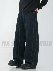 Retro American Style Loose Fit Mens Denim Jeans mid Waist Zipper Closure Cotton Polyester Blend Straight Leg Trousers