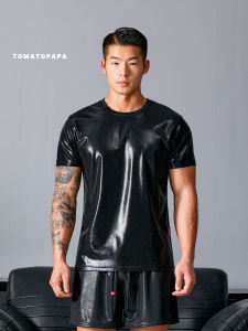 TOMATOPAPA | High Elastic Imitation Leather Soft Glossy Solid Color American Style Mens T-shirt
