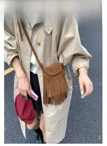 Bohemian Tassel Mini Crossbody Phone Bag Velvet Matte Single Shoulder Bag Youth Fashion Korean Style Pure Color PU Material