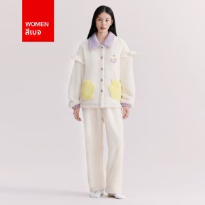 HODO | ชุดนอนผู้หญิง Hodo ขนแกะสีแดง ขนแกะคอรัล หนา ป้องกันไฟฟ้าสถิต ชุดอยู่บ้าน ฤดูหนาว 2024 ลายดอกไม้ กระโปรงยาว แขนยาว ปกเล็ก