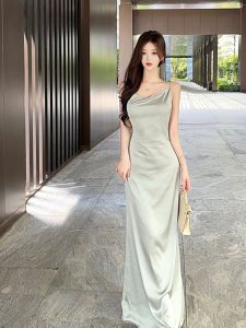 Acetate Satin Mint Green Off-Shoulder Long Dress French Tea Break Elegant Lady Floral Decorated Evening Gown Womens Fashion