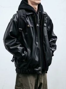 Retro Motorcycle Clothing Leather Mens Trendy Loose Casual Stand Collar Pilot Leather Jacket American Short Windproof Outwear